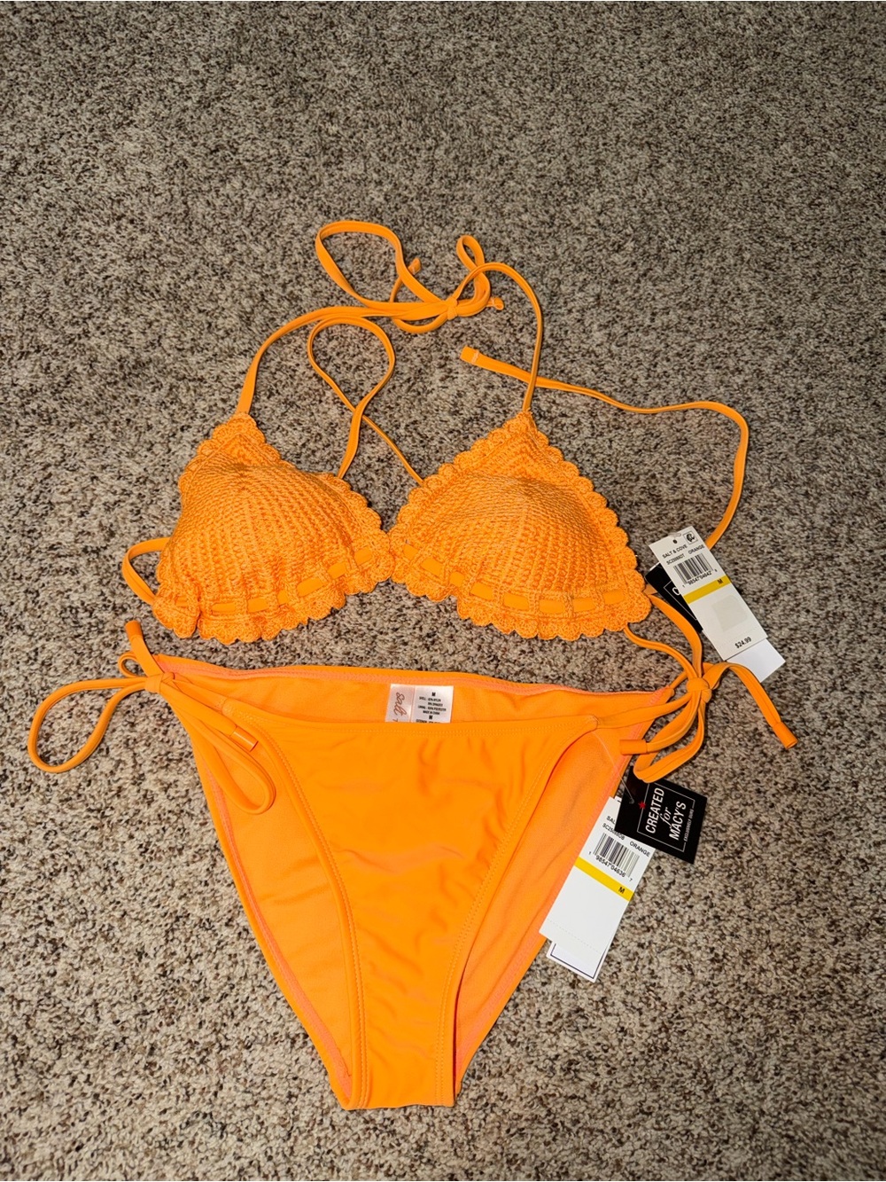 Macy's Bright Orange Crochet Triangle Bikini Set